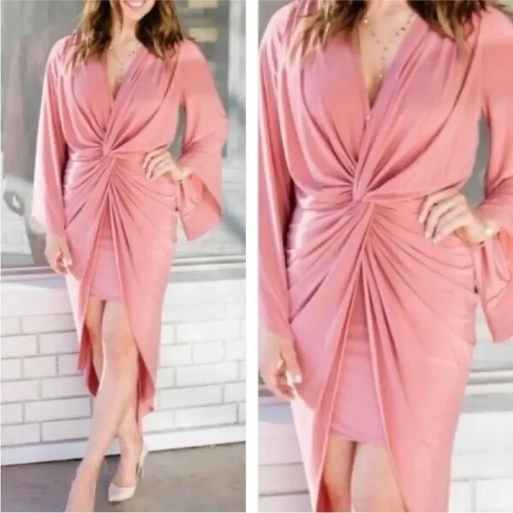 NWT MISA Los Angeles Teget Knot Front Midi Dress Pink Twisted Cocktail Size XS